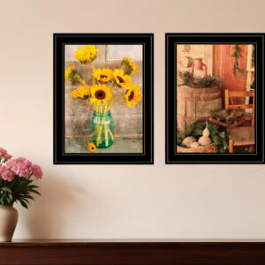 Set Of Two Vintage Country and Sunflowers  Black Framed Print Wall Art
