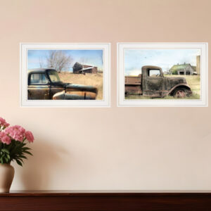 Set Of Two Vintage Farm Trucks  White Framed Print Wall Art