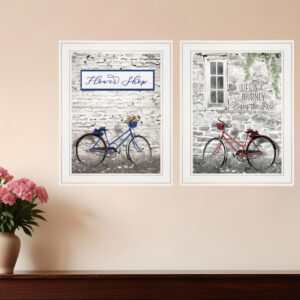 Set Of Two Romantic Bicycles  White Framed Print Wall Art