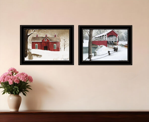Set Of Two Winter Evening  Black Framed Print Wall Art