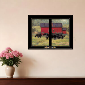 By the Red Barn Herd of Angus  Black Framed Print Wall Art