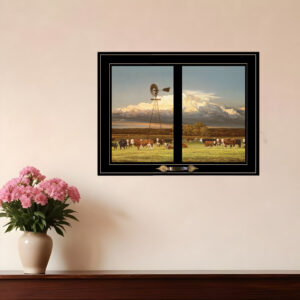 Summer Pastures Holstein cows with windmill  Black Framed Print Wall Art