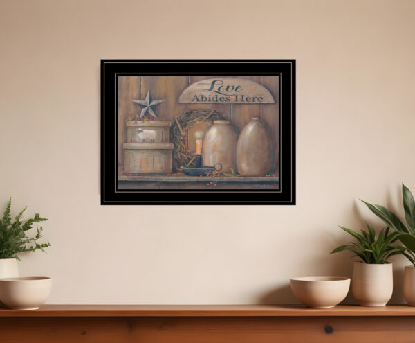 Love Abides Here Shelf  Black Framed Print Wall Art