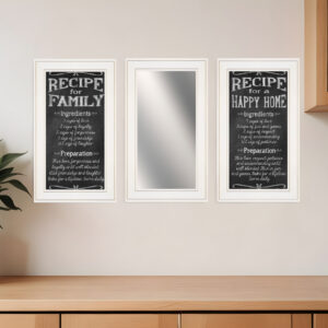 Set Of Three Family Recipe White Framed Kitchen Wall Art With Mirror