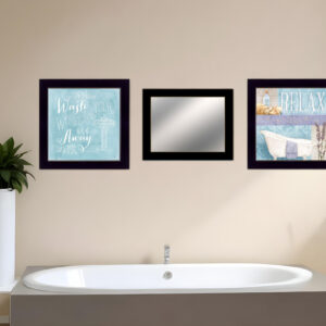 Set Of Three Wash Black Framed Bathroom Wall Art With Mirror