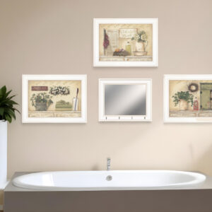 Set Of Four Garden Bath White Framed Bathroom Wall Art And Mirror With Hooks