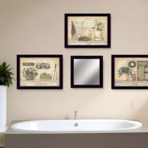 Set Of Four Garden Bath Black Framed Bathroom Wall Art And Mirror With Hooks