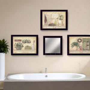 Set Of Four Garden Bath Black Framed Bathroom Wall Art And Mirror With Hooks