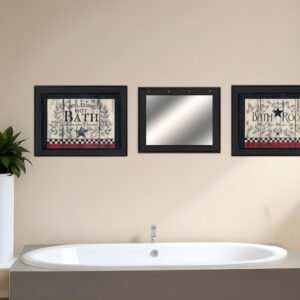 Set Of Three Americana Wash Room Black Frame Bathroom Wall Art with Mirror