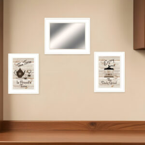 Set Of Three Coffee and Tea Time White Framed Print Kitchen Wall Art With Mirror