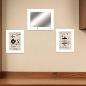Set Of Three Coffee And Tea White Framed Kitchen Wall Art With Mirror And Hooks