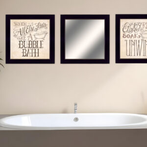 Set Of Three Soak and Unwind Black Framed Bathroom Wall Art With Mirror