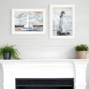 Set Of Two Lighthouse Sailboat  White Framed Print Wall Art