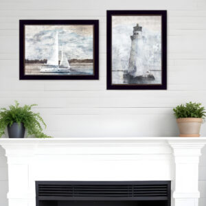 Set Of Two Lighthouse Sailboat Black Single Rim Framed Print Wall Art