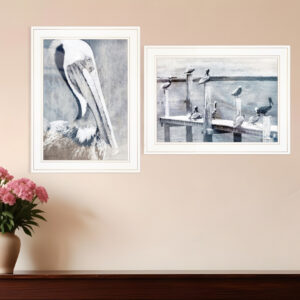 Set Of Two Pelican Party White Framed Coastal Wall Art