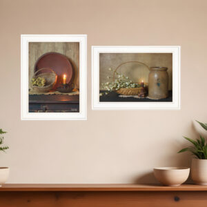 Set Of Two Candle Light and Flowers  White Framed Print Wall Art