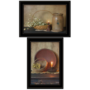 Set Of Two Candle Light and Flowers  Black Framed Print Wall Art