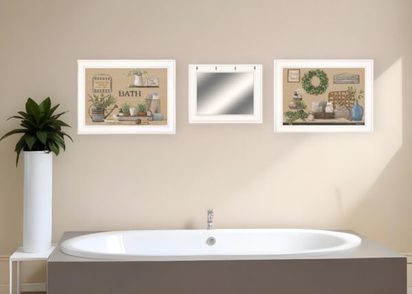 Set Of Three Bath Time  White Framed Print Bathroom Wall Art with Mirror