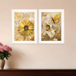 Set Of Two Yellow Flowers And Butterflies White Framed Print Wall Art