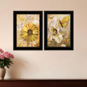 Set Of Two Flowers and Butterflies  Black Framed Print Wall Art