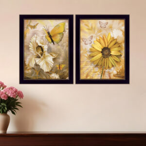 Set Of Two Flowers and Butterflies  Black Framed Print Wall Art