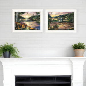 Set Of Two Lakefront Camping  White Framed Print Wall Art