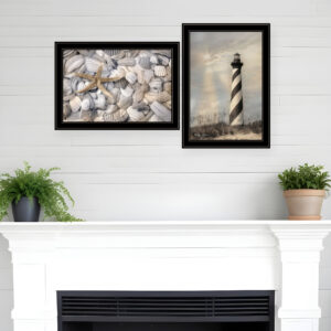Set Of Two Cape Hatteras Lighthouse and Sea Shells  Black Framed Print Wall Art