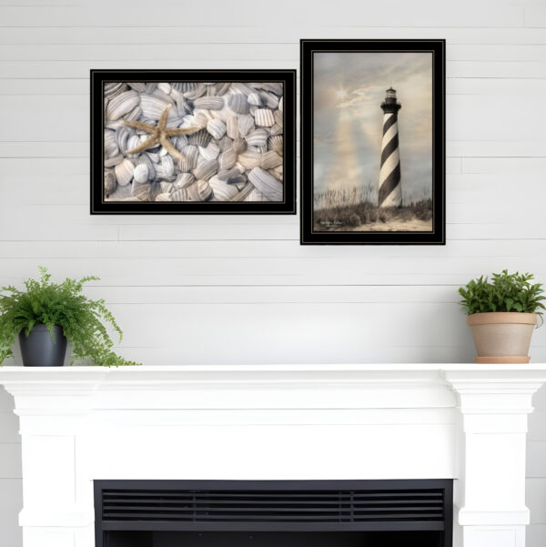 Set Of Two Cape Hatteras Lighthouse and Sea Shells  Black Framed Print Wall Art
