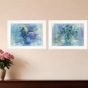 Set Of Two Susies Blue Bouquet  White Framed Print Wall Art