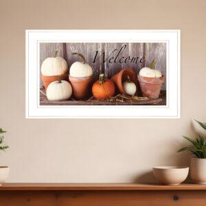 Welcome Pumpkin Shelf  White Framed Print Wall Art