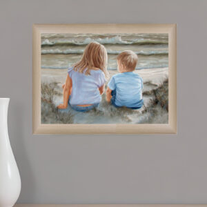 Boy and Girl Sitting in Dunes Brown Framed Print Wall Art