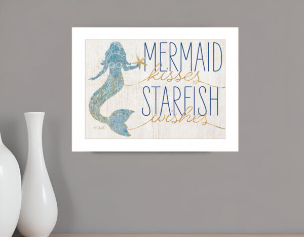 Mermaid Kisses Starfish Wishes  White Framed Print Wall Art