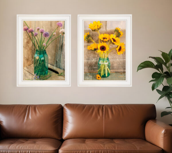 Set Of Two Country Sunflowers and Chives  White Framed Print Wall Art