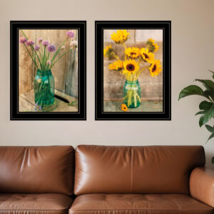 Set Of Two Country Sunflowers and Chives  Black Framed Print Wall Art