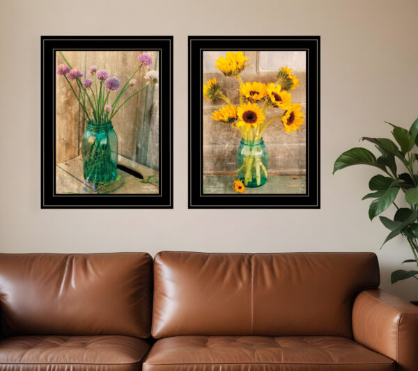 Set Of Two Country Sunflowers and Chives  Black Framed Print Wall Art