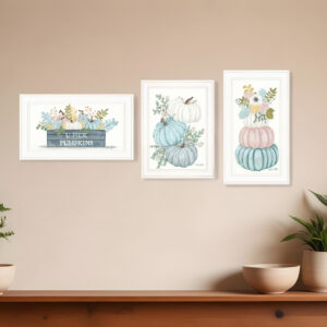 Set Of Three Floral Pumpkins  White Framed Print Wall Art