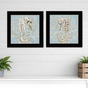 Set Of Two Coral Seahorse Black Framed Print Wall Art