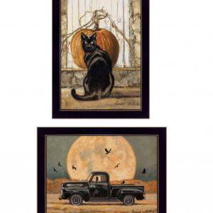 Set Of Two Harvest Moon with A Black Cat and Truck  Black Framed Print Kitchen Wall Art