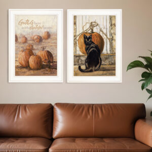 Set Of Two Pumpkins with A Black Cat  White Framed Print Wall Art