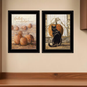 Set Of Two Pumpkins with A Black Cat Black Framed Print Wall Art