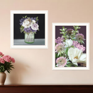 Set Of Two Lilac and Wild Plum Bouquet White Framed Print Wall Art
