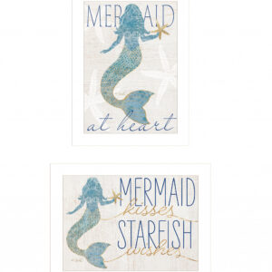 Set Of Two Two Mermaids  White Framed Print Wall Art
