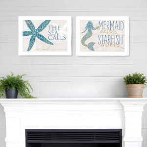 Set Of Two Mermaid Kisses Starfish Wishes  White Framed Print Wall Art