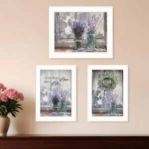 Set Of Three Love Life And Lavender White Framed Print Wall Art