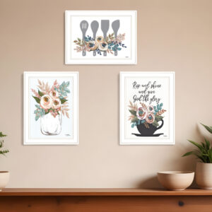Set Of Three Rise and Shine White Framed Print Kitchen Wall Art