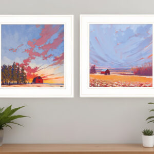 Set Of Two Scenic Landscapes With Barns  White Framed Print Wall Art