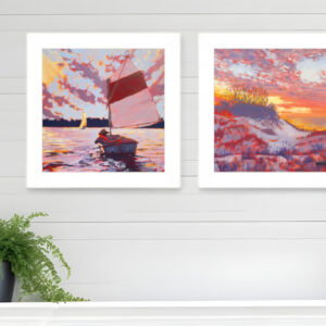Set Of Two Jones Beach and Sailboat  White Framed Print Wall Art
