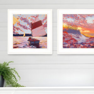 Set Of Two Jones Beach and Sailboat  White Framed Print Wall Art