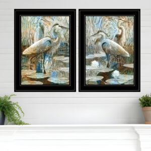 Set Of Two Marsh Herons I and Sea II Black Framed Print Wall Art