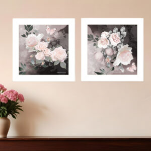 Set Of Two Noir Roses  White Framed Print Wall Art